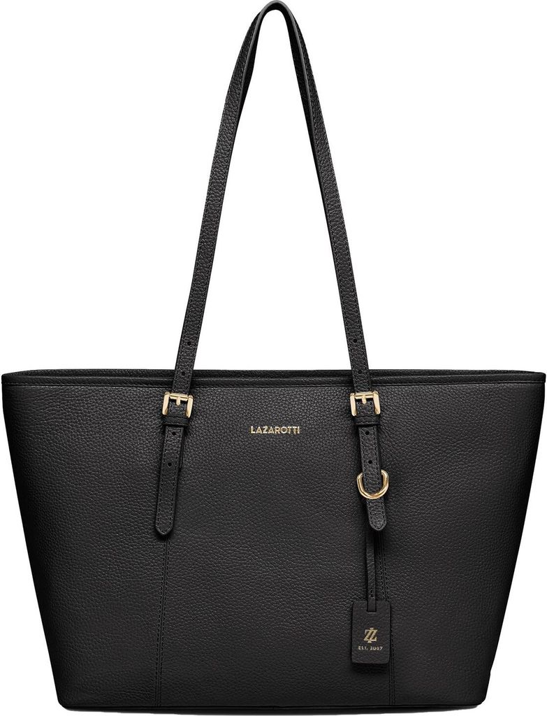A black leather tote bag with gold hardware, presented against a white background.