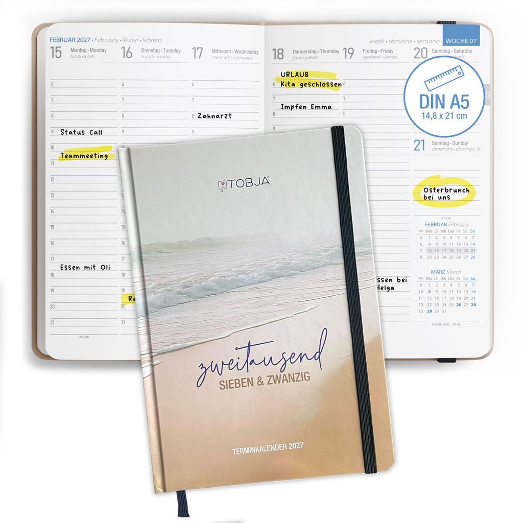 Buchkalender 2027 A5 Sunrise Hardcover - 1 Woche 2 Seiten Halbstunden 6-21 Uhr
