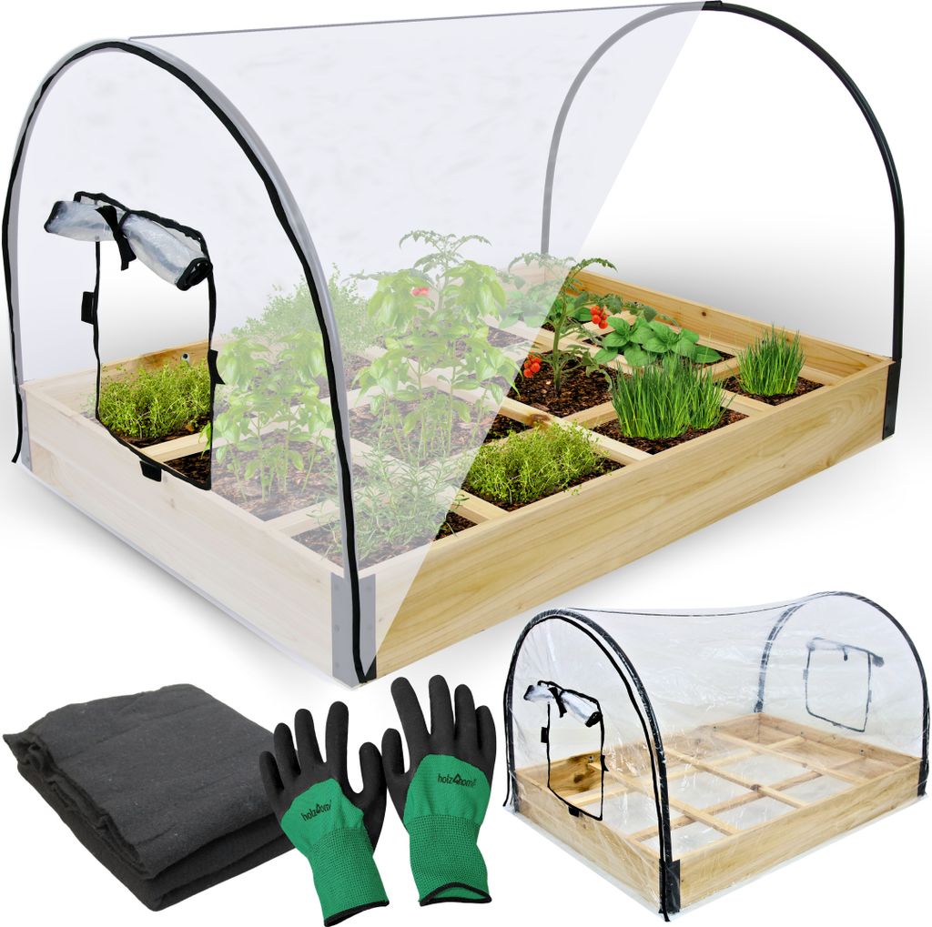 holz4home Frühbeet mit Überdachung I Gemüsebeet Blumenkasten mit Folie I inkl. Einlegevlies + Gartenhandschuhe I Treibhaus Hochbeet