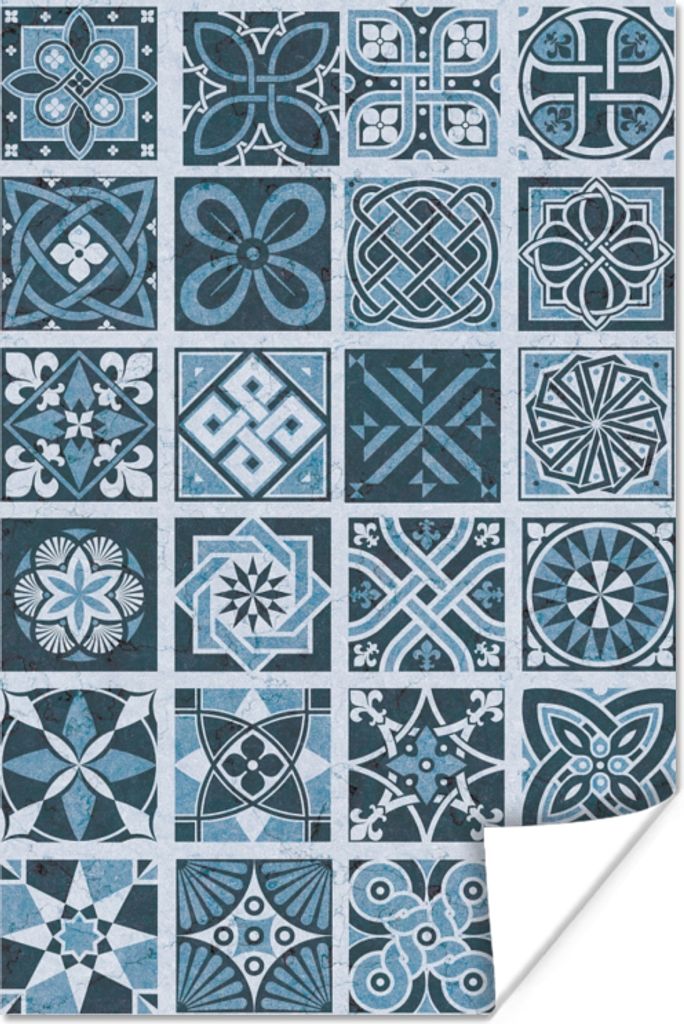 MuchoWow Poster Blumen - Blau - Muster - Figuren 60x90 cm - Wanddekoration