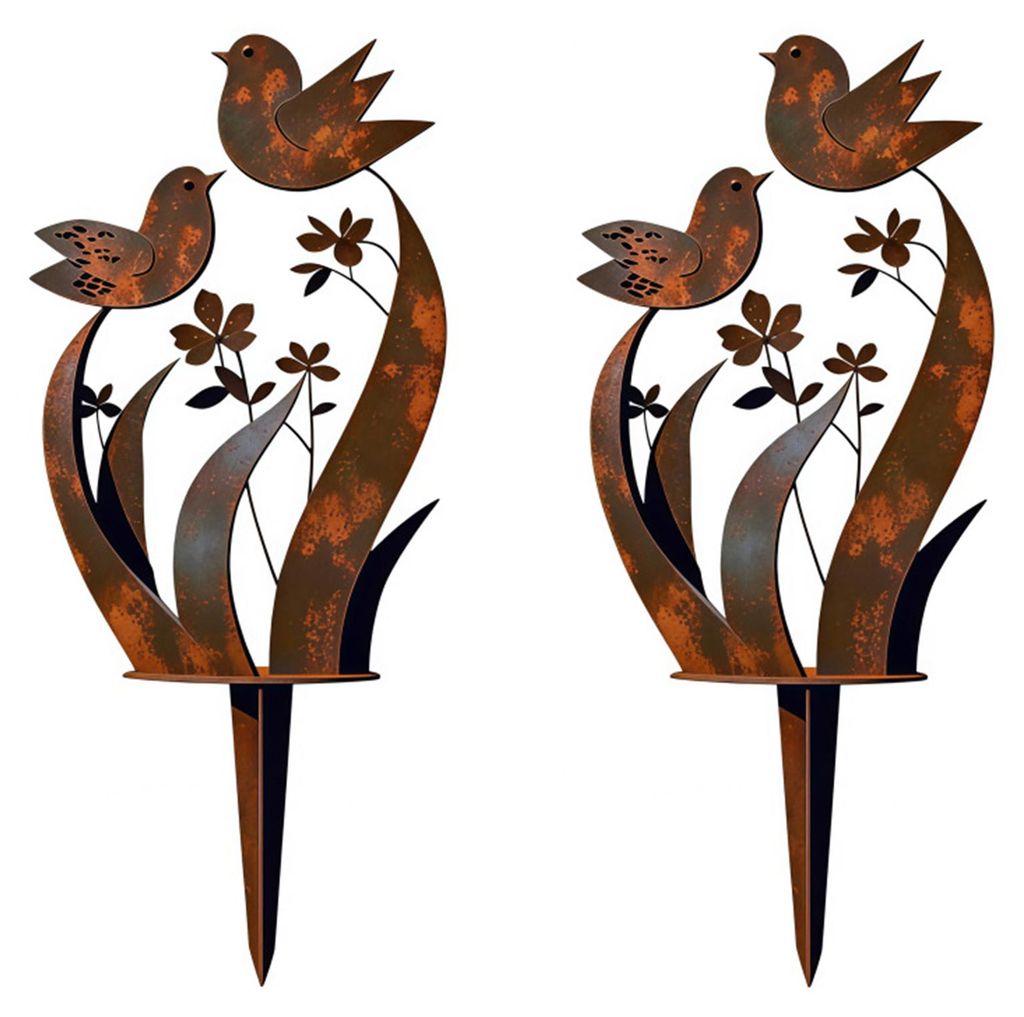 2 Stück Gartenstecker aus Metall mit Vogel- und Wildblumenmotiv im Vintage-Rost-Stil, dekorative Gartendekoration für Terrasse, Rasen und Veranda
