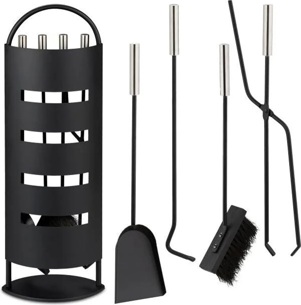 Accessoires de cheminée 5 pièces noir et argent avec support design