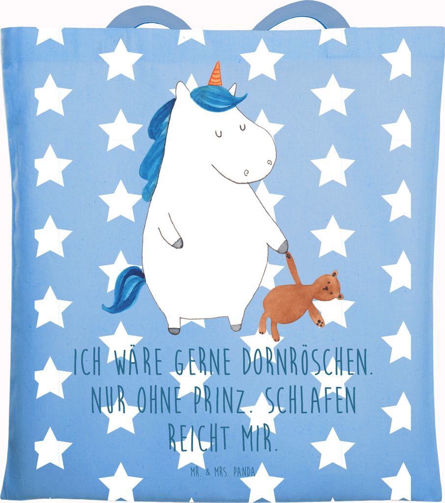 Mr. & Mrs. Panda Jutebeutel Einhorn Teddy - Sky Blue - Geschenk, Bett, Gute Nacht, Single, Laptoptasche, Schultasche, Einhörner, schlafen, Unicorn...