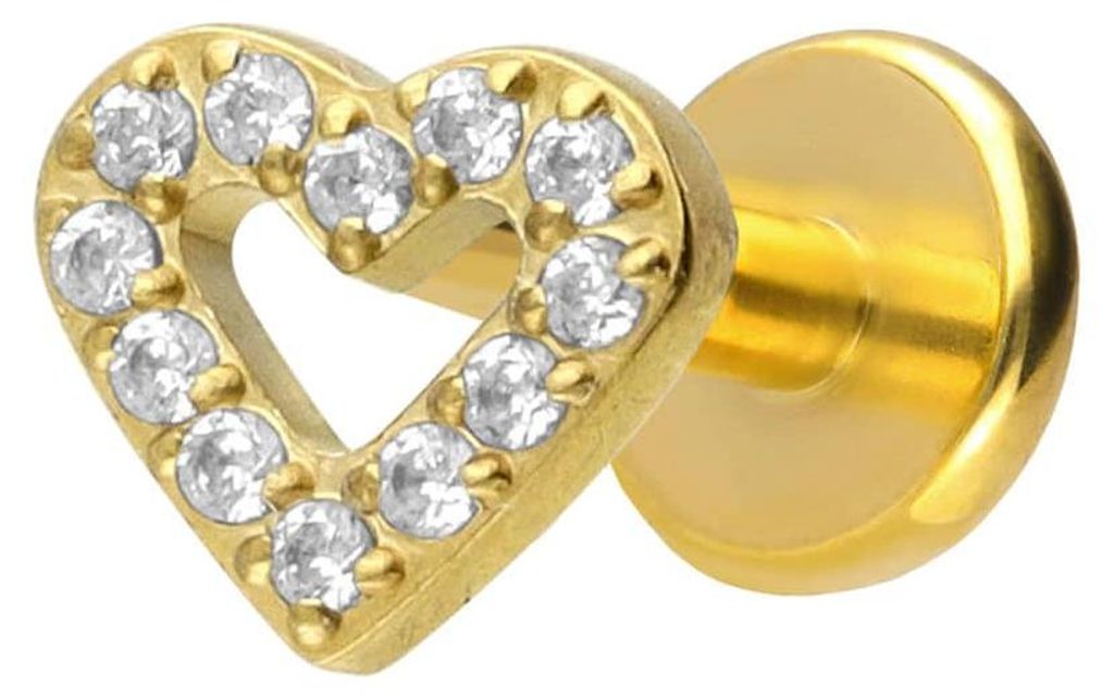 Ohrpiercing, Nasenpiercing Titan Labret mit Push Fit KRISTALLHERZ Gold Stablänge: 5mm | Stabstärke: 1,2mm