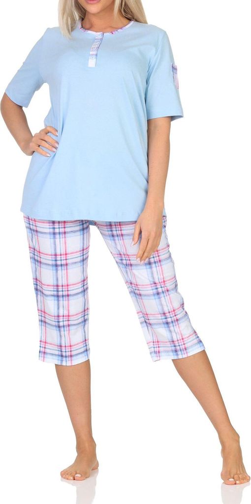 Normann Damen Schlafanzug mit karierter Capri Pyjama-Hose aus Jersey - auch in Übergröße ; hellblau , 60