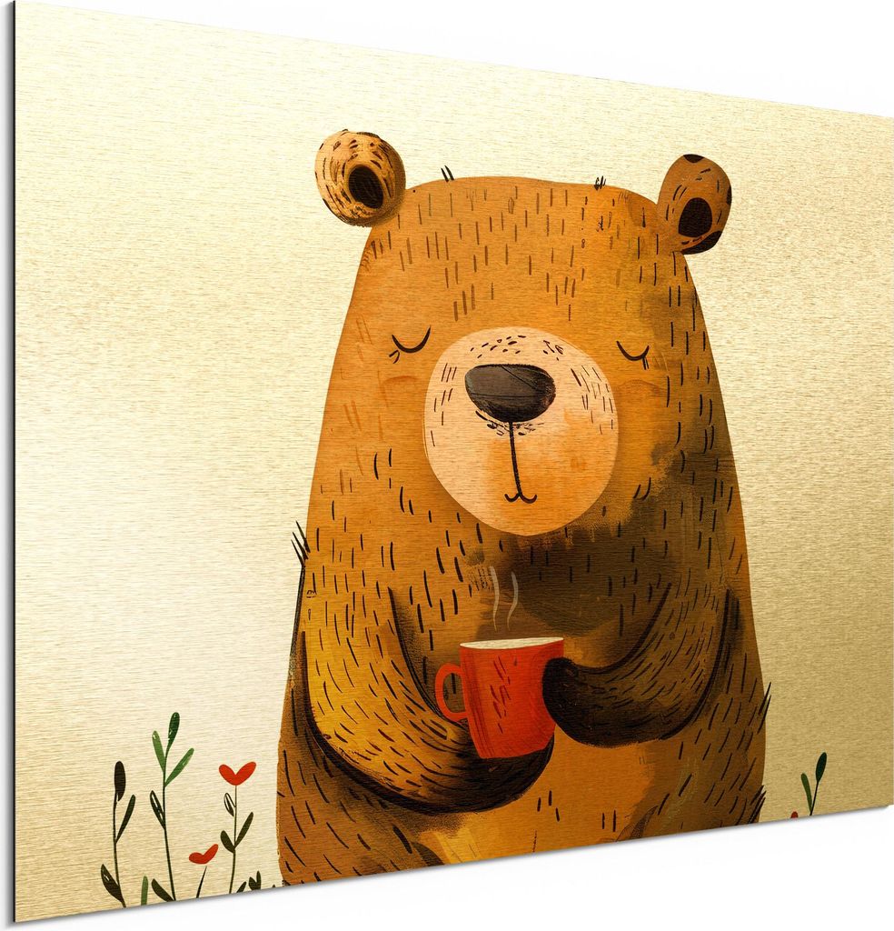 DEQORI Alu-Dibond Bild Gold 60x40 cm 'Bärische Kaffeepause' Wandbild Metall dünn Design