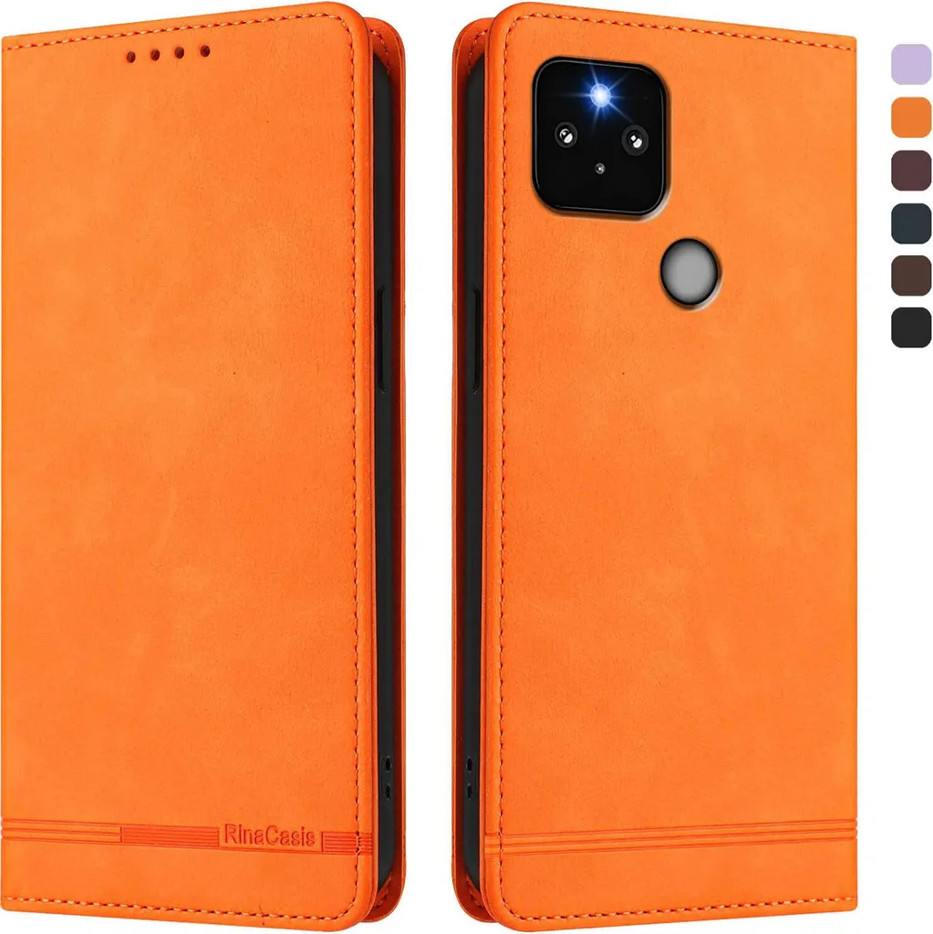 Cover Google Pixel 5 Arancione Retro in Finto Cuoio - Stile Flip Wallet