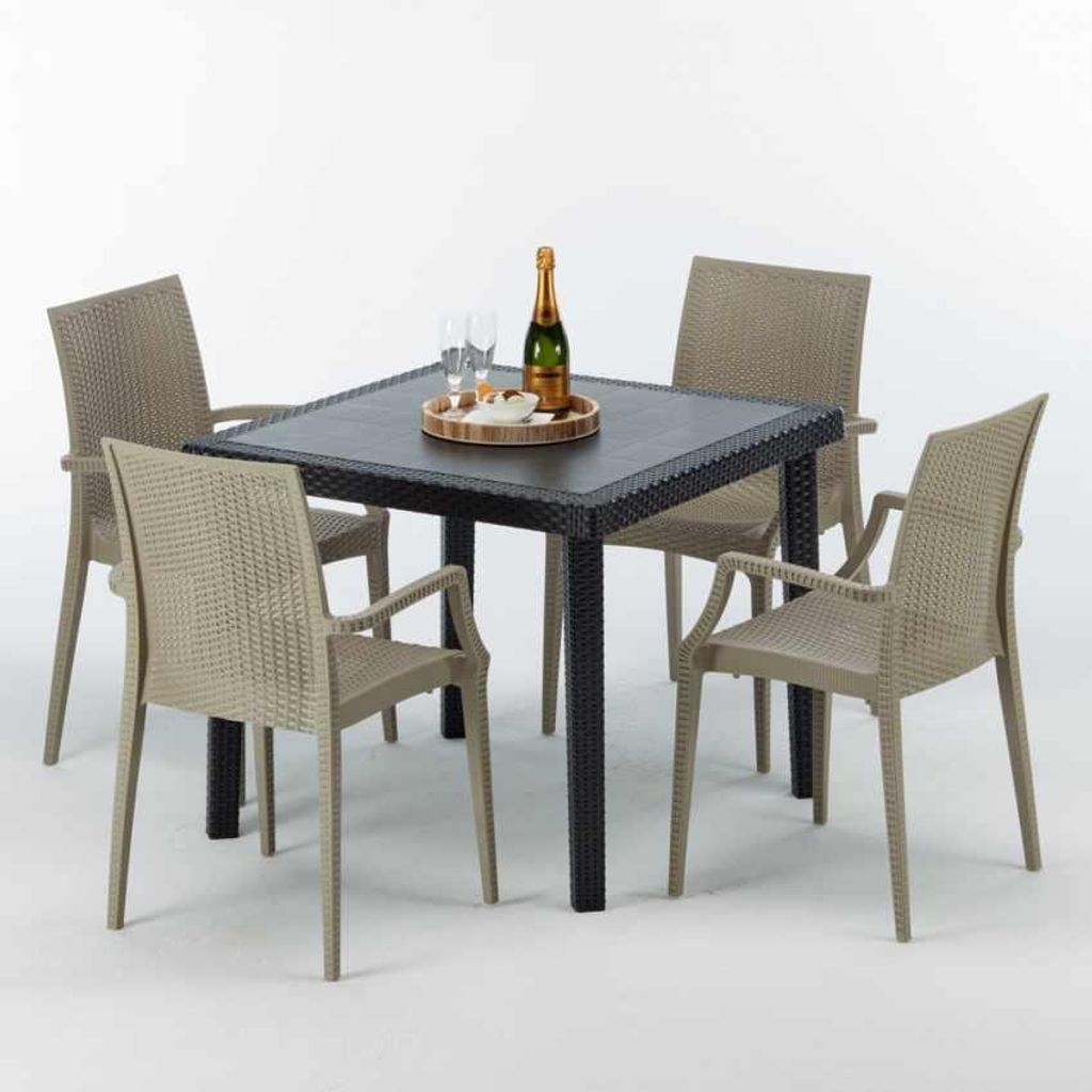Schwarz Quadratisch Tisch und 4 Stühle Farbiges Polypropylen-Außenmastenset Grand Soleil Arm Bistrot Passion - Beige