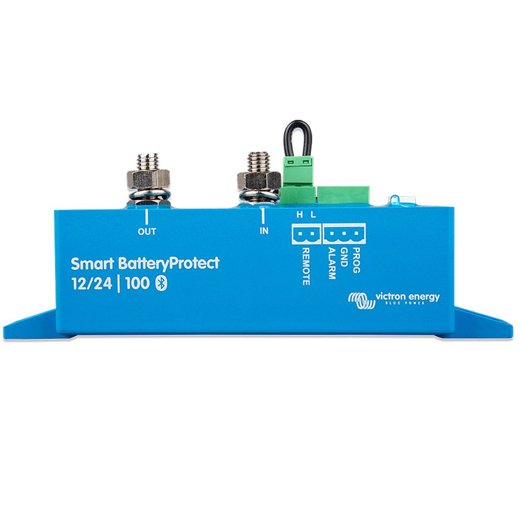 A blue electronic device with connectors and labels.