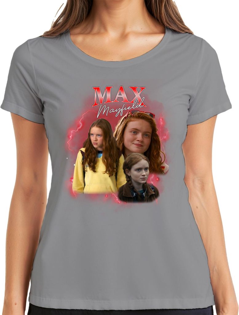 Max Mayfield Stranger Maxine Fan Geschenk Vintage Retro 90s Bootleg Damen T-Shirt, Grau, L
