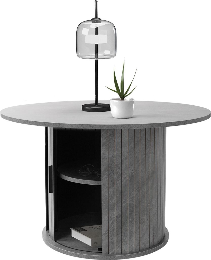 ML-Design Couchtisch mit Schiebetür, 80x80x50 cm, Beton-Optik, Grau, Runder Wohnzimmertisch mit Stauraum, Beistelltisch, Sofatisch für Tee und Ka...