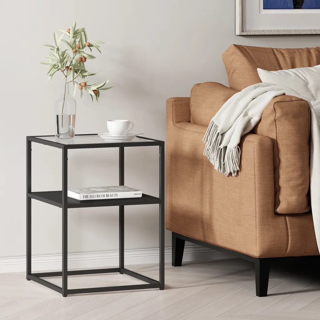 Tavolino Solund Acciaio e Vetro 55x40x40 Nero Opaco - Design Moderno