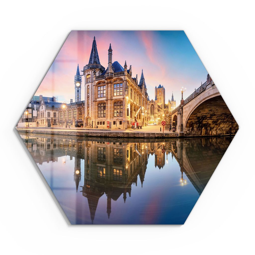 DEQORI Glasbild Echtglas 40x35 cm 'Historisches Zentrum Gent' Wandbild Bild modern Deko