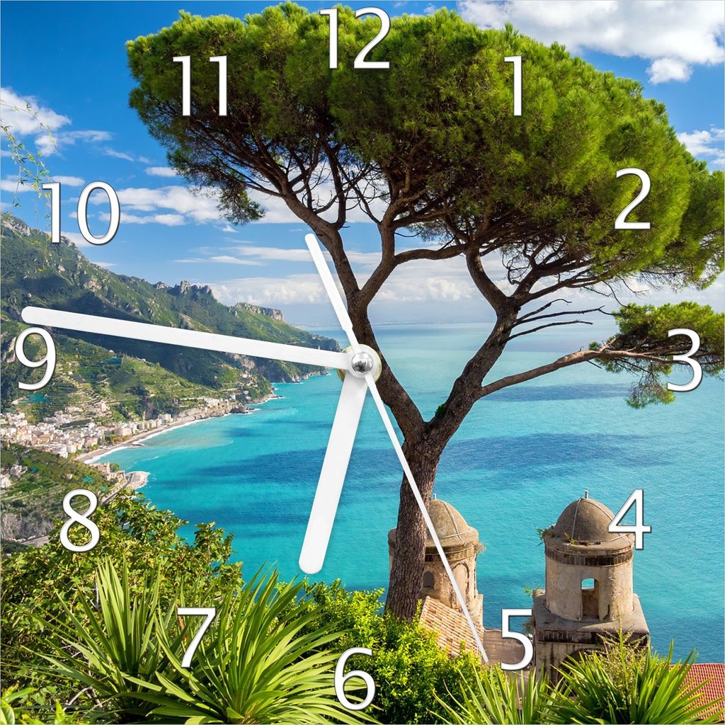 Wallario Design Wanduhr Italienische Küste aus Echtglas, Größe 20 x 20 cm