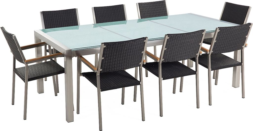 BELIANI Gartenmöbel Set Schwarz Sicherheitsglas Edelstahl Tisch 220 cm 8 Rattanstühle Terrasse Outdoor Modern