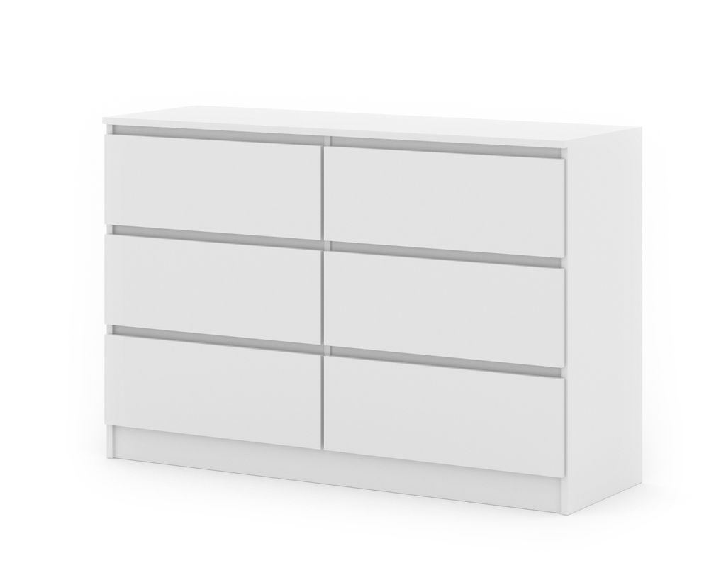 A white dresser with six drawers against a white background.