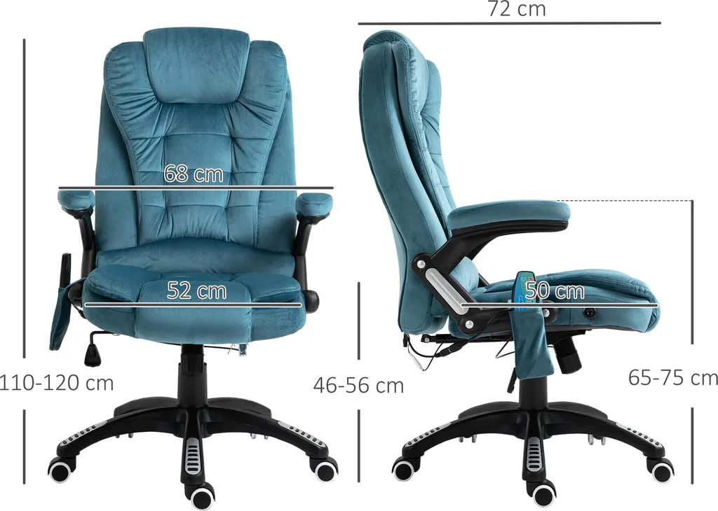 Fauteuil de bureau massant et chauffant en tissu bleu avec télécommande - 5
