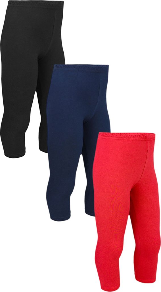 TupTam Mädchen Leggings 3/4 Capri Hose Kinder Blickdicht 3er Pack, Farbe: Schwarz Dunkelblau Rot, Größe: 140