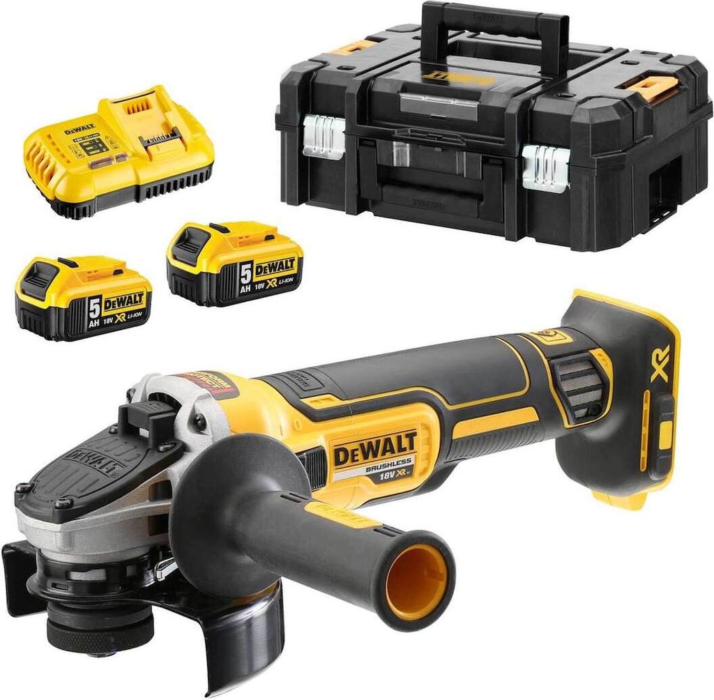 A DeWALT cordless angle grinder kit with batteries, charger, and storage box.