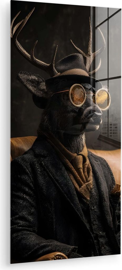 MuchoWow Glasbilder - Bilder auf Wandbild - Foto auf Glas Hirsche - Sonnenbrille - Schwarz - Anzug 40x80 cm Wanddekoration aus Glas - Acrylglasbild...