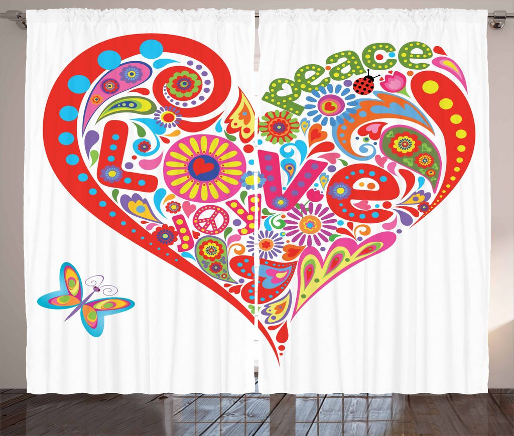 ABAKUHAUS Hippie Rustikaler Vorhang, Bunte Friedensherz, Wohnzimmer Universalband Gardinen mit Schlaufen und Haken, 280 x 175 cm, Mehrfarbig