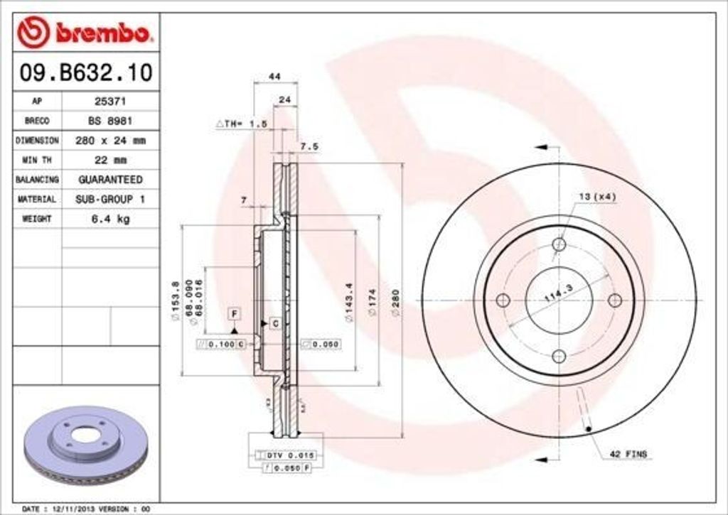 BREMBO 09.B632.10 - OE 40206EM10A Bremsscheibe für Tiida (C11)