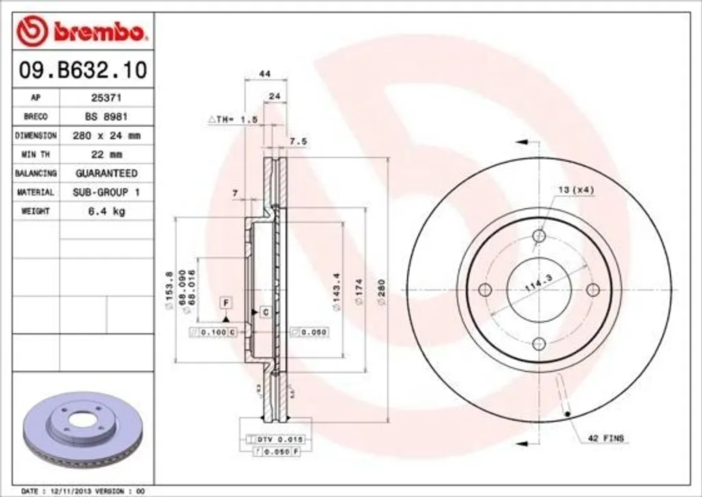 Disque de frein ventilé avant pour Nissan Tiida C11 - Brembo 09B63210