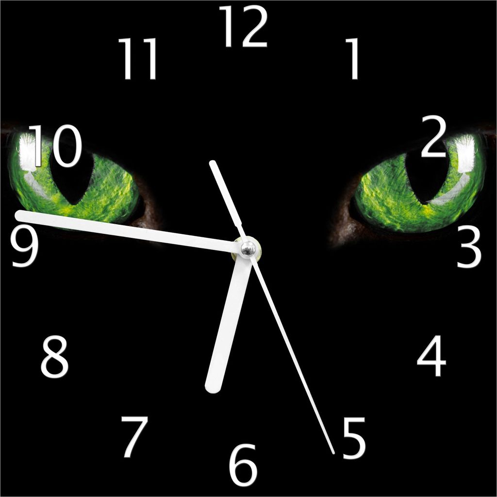 Wallario Design Wanduhr Grüne Katzenaugen bei Nacht aus Echtglas, Größe 20 x 20 cm