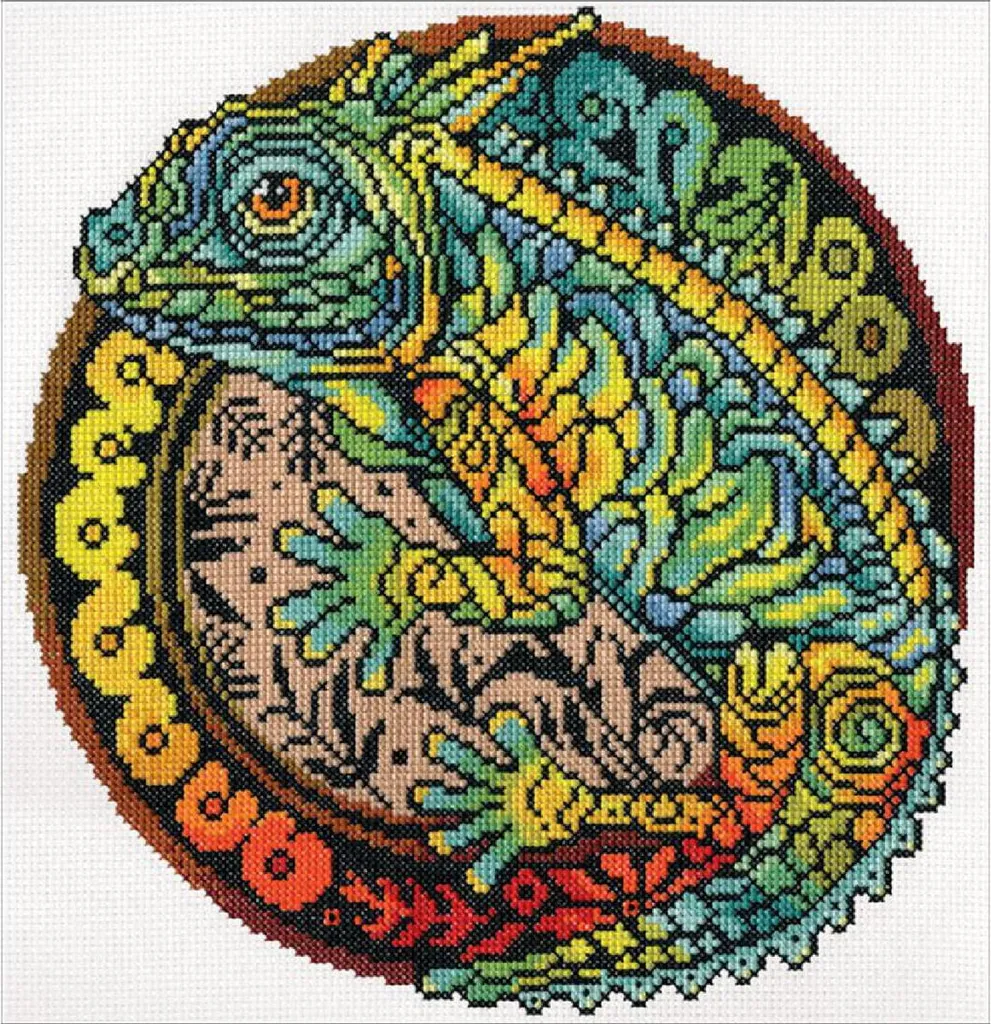 Kit créatif broderie Iguane 25 cm pour décoration murale faite main DIY