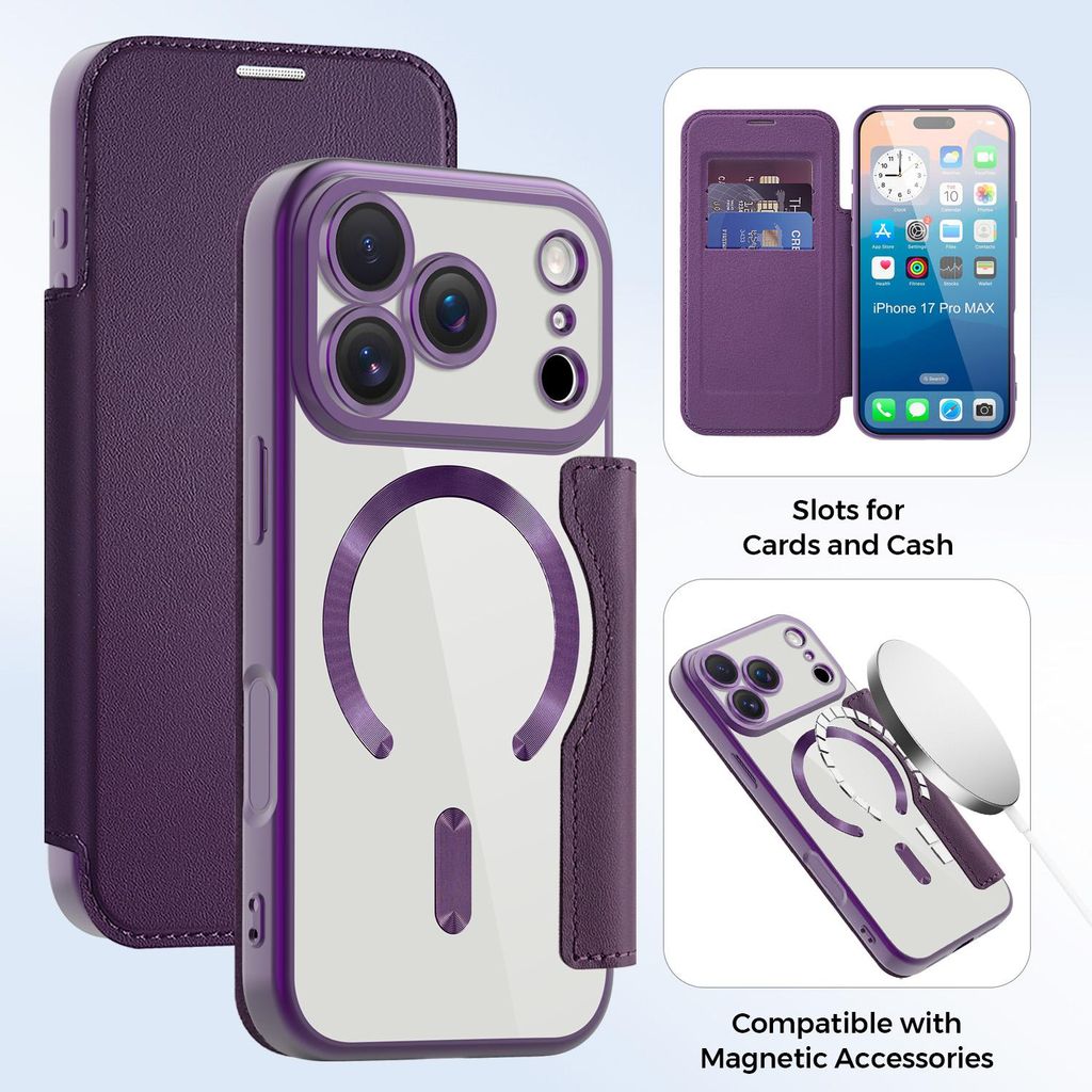 Klapphülle für iPhone 17 Pro Max Kompatibel mit Magsafe, Klar Überzug Kartenhalter Ledertasche mit Kameraschutz Lila