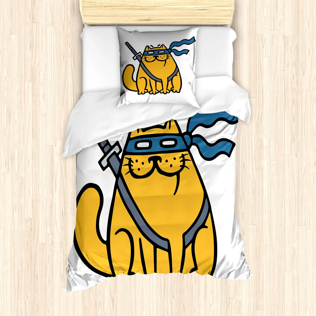 ABAKUHAUS Ninja Cat Set copripiumino per letti singoli, animale domestico eroe bendato, antiacaro, adatto a chi soffre di allergie, con federa, 135 cm x 200 cm - 80 x 80 cm, blu marigold-ardesia