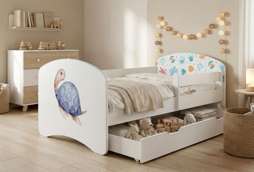 Happy Babies Kinderbett mit Rausfallschutz Junge 140x70 Bett für Kinderzimmer mit Schublade Matratze Einzelbett für Kinder, Weiss, Bunte Aufkleber