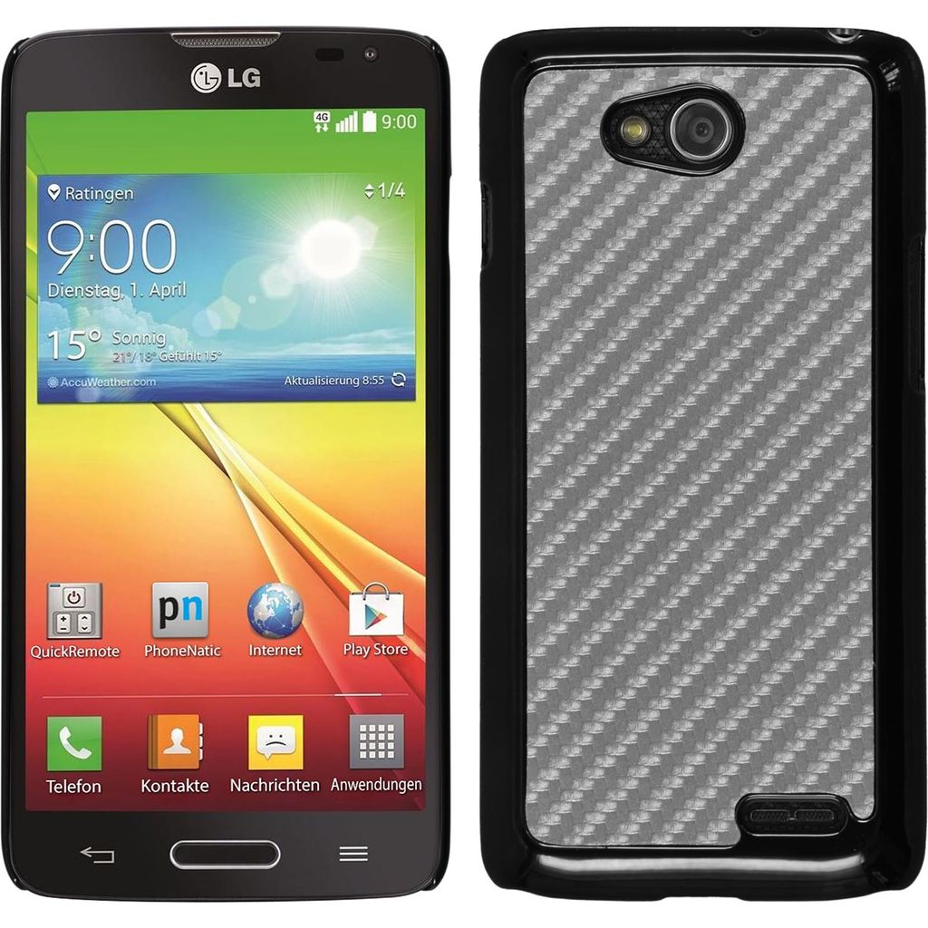 PhoneNatic Case kompatibel mit LG L90 - Hülle silber Carbonoptik Hard-case + 2 Schutzfolien