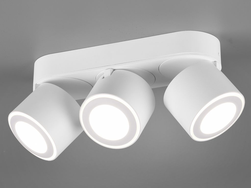 A white ceiling light with three adjustable spotlights is shown against a plain gray background.