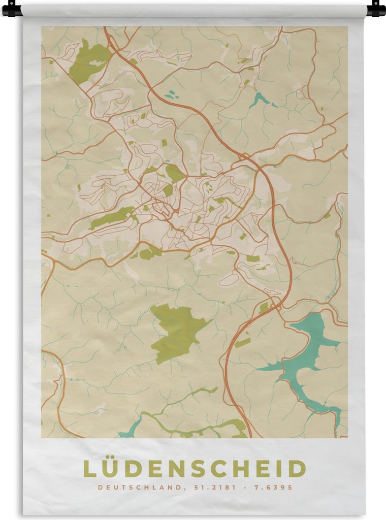 MuchoWow Wandteppich Wandbehang Karte - Ludenscheid - Karte - Vintage - Stadtplan 120x180 cm Tapisserie Dekoration Wandtuch - Schlafzimmer - Deko...