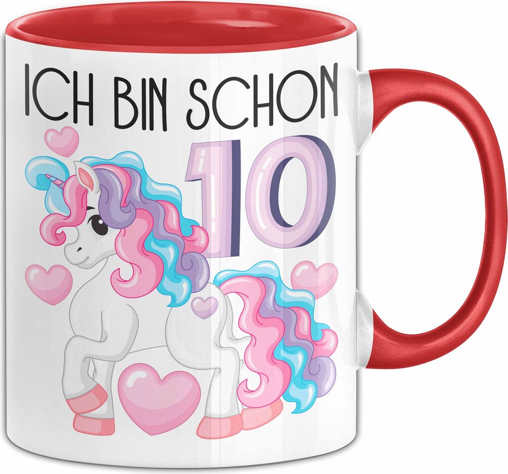 10. Geburtstag Geschenk Tasse Becher Mädchen Tochter Geburtstagsgeschenk Einhorn Ich Bin Schon 10 (Rot)