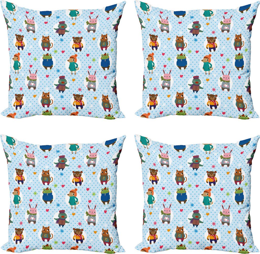 ABAKUHAUS Kindergarten Kissenbezug Set (4 Stück), Tiere Winterkleidung, Moderner Doppelseitiger Digitaldruck, 60 cm x 60 cm, Mehrfarbig