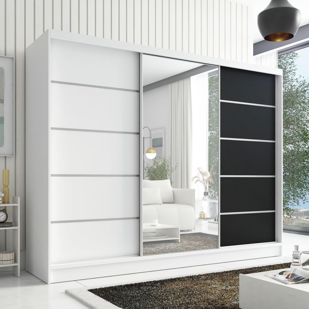 Schwebetürenschrank AURELIA 1, 3-türig Schrank 200 cm Kleiderschrank mit Schubladen, und Spiegel. Farbe: Weiß / schwarz / weiß