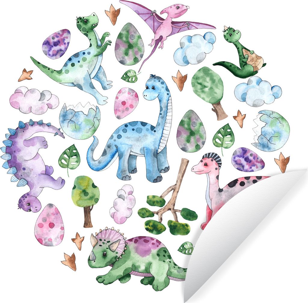 MuchoWow Runde Wandtattoo - Wandsticker Tapete Aufkleber Kinderzimmer - Dinosaurier - Kreis - Mädchen - Kinder - Rosa - Kind Ø 80 cm Selbstkleb...