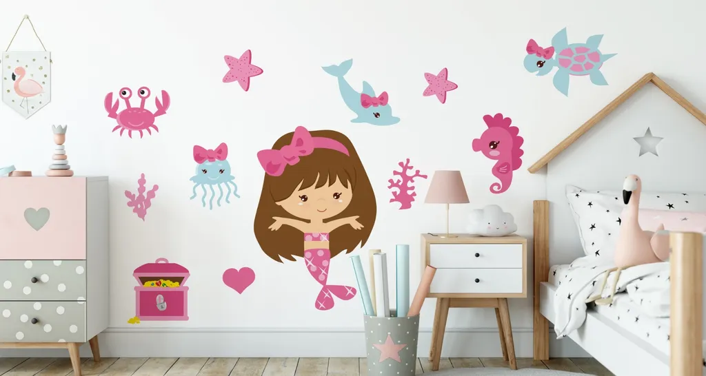 Muralo Sticker Mural Sirène et Animaux 125x250cm - Déco Chambre Enfant XXL