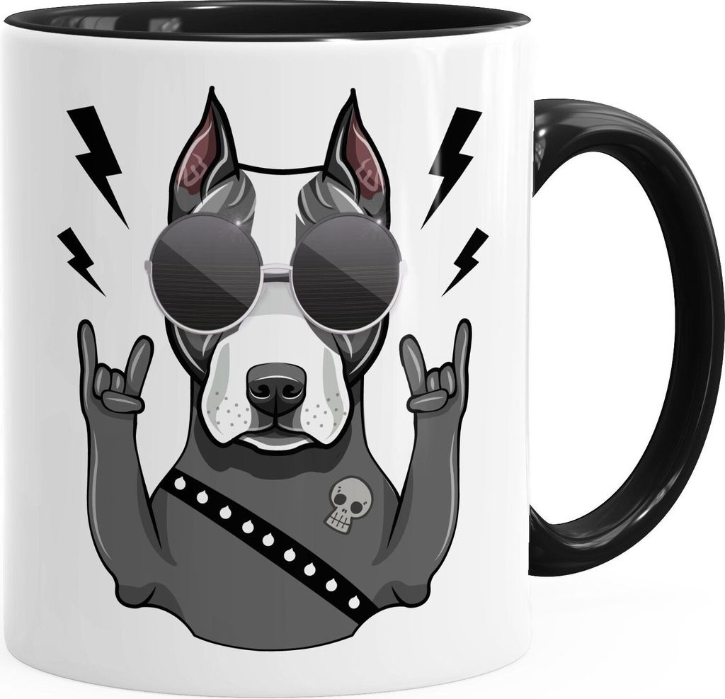 Kaffee-Tasse mit Motiv Hund Heavy Metal Comicstil Metalhand Bürotasse lustige Kaffeebecher MoonWorks schwarz Keramik-Tasse