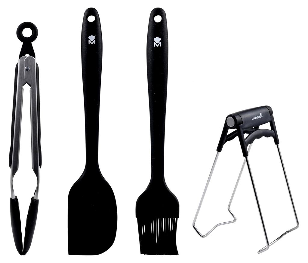 Foodies - Set von 4 schwarzen Küchenutensilien - Hergestellt aus widerstandsfähigem Silikon und Edelstahl - Pinsel 26 cm - Spatel 28 cm - Lebensm...