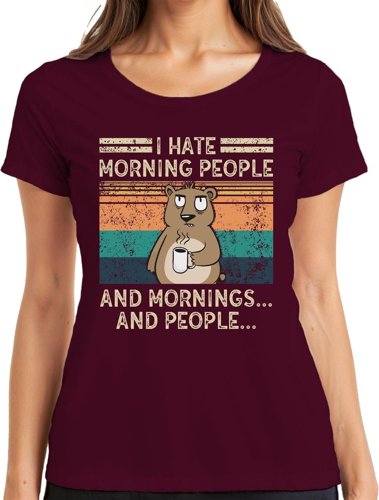 Hate Morning People Mornings And People Kaffee Bär Vintage Grunge Damen T-Shirt, Burgundy, 3XL