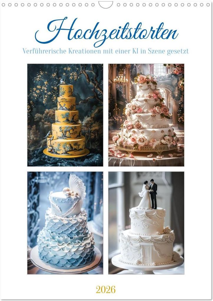 Hochzeitstorten - Verführerische Kreationen mit einer KI in Szene gesetzt (Wandkalender 2026 DIN A3 hoch), CALVENDO Monatskalender