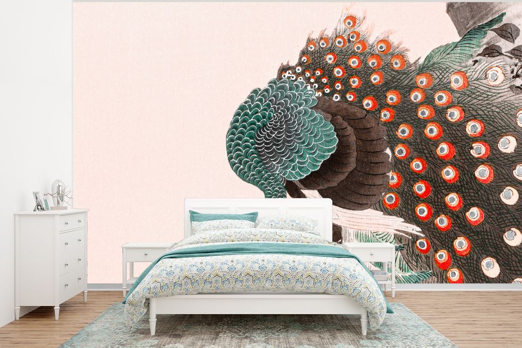 MuchoWow Fototapete für Wohnzimmer oder Schlafzimmer Wandtapete Vinyl Motivtapete Pfau - Federn - Vintage - Japanisch - Skandinavisch - 295x220 ...
