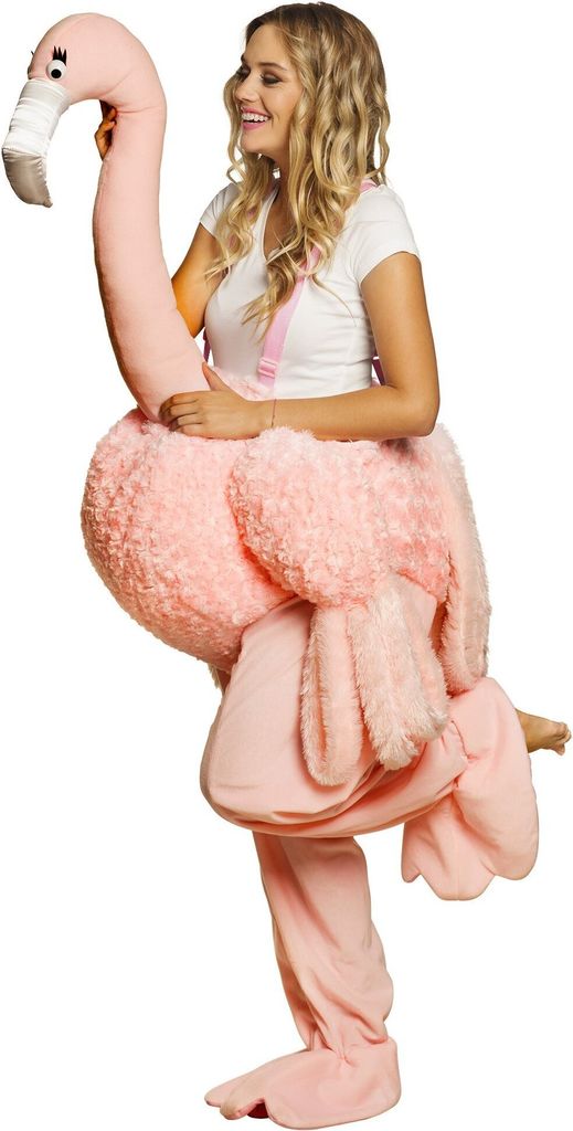 A woman wearing a flamingo costume.