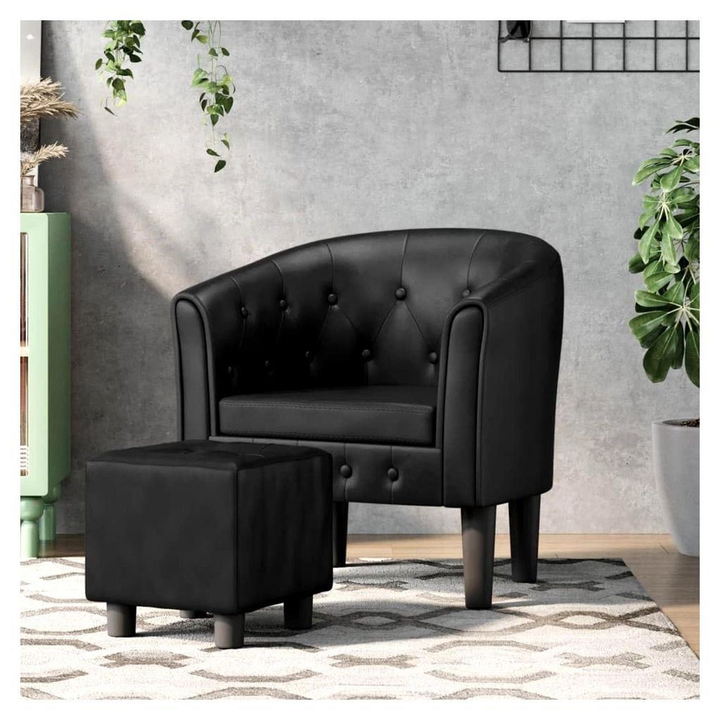 Sessel mit Fußhocker Schwarz Kunstleder Wohnzimmer Kleiner Sessel Armlehnen Loungesessel Möbel Bürosessel