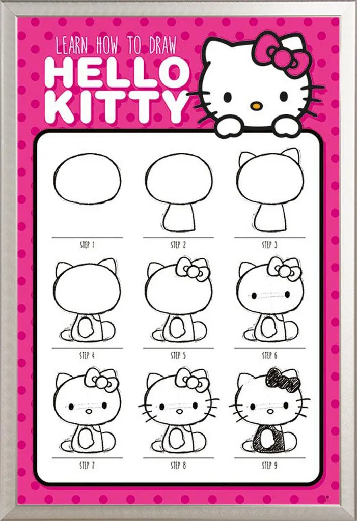 Hello Kitty - Poster - Come disegnare + cornice rimovibile, Shinsuke® Maxi alluminio argento, vetro acrilico