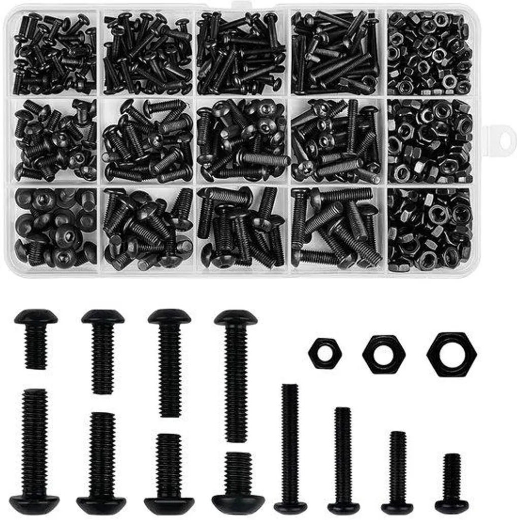 Coffret d'assortiment de vis à métaux noires M3-M5 tête hexagonale 500 pcs