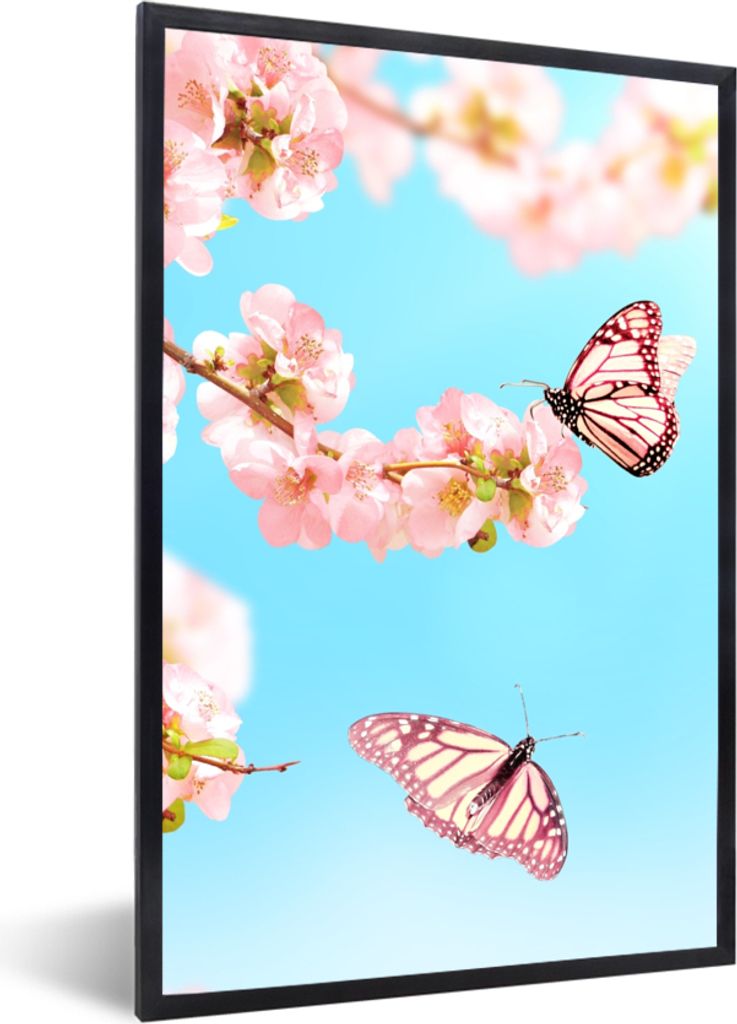 MuchoWow Gerahmtes Poster Schmetterlinge - Baum - Blumen 40x60 cm - Poster mit Schwarzem Bilderrahmen Wandposter Rahmen Foto Bilder - Papierdruck...
